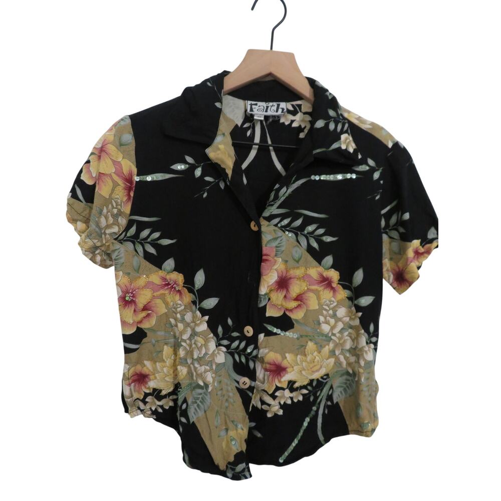 Faith Women Sz XS Black Floral Button Front Short Sleeve Tropical Camp Shirt